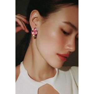 Vintage Pink Marquise Rhinestone AB Crystal Gold Tone Clip On Cluster Earrings